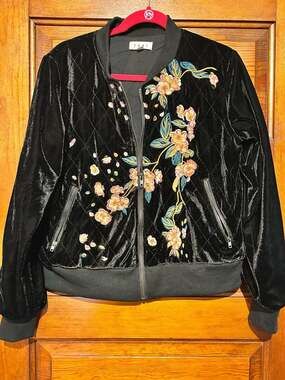 THML Black Quilted Velvet Floral Embroidered Bomber Jacket, Size S